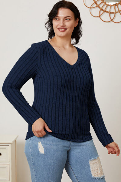 Basic Bae Stretchy Ribbed V-Neck Long Sleeve Casual Top S-3XL