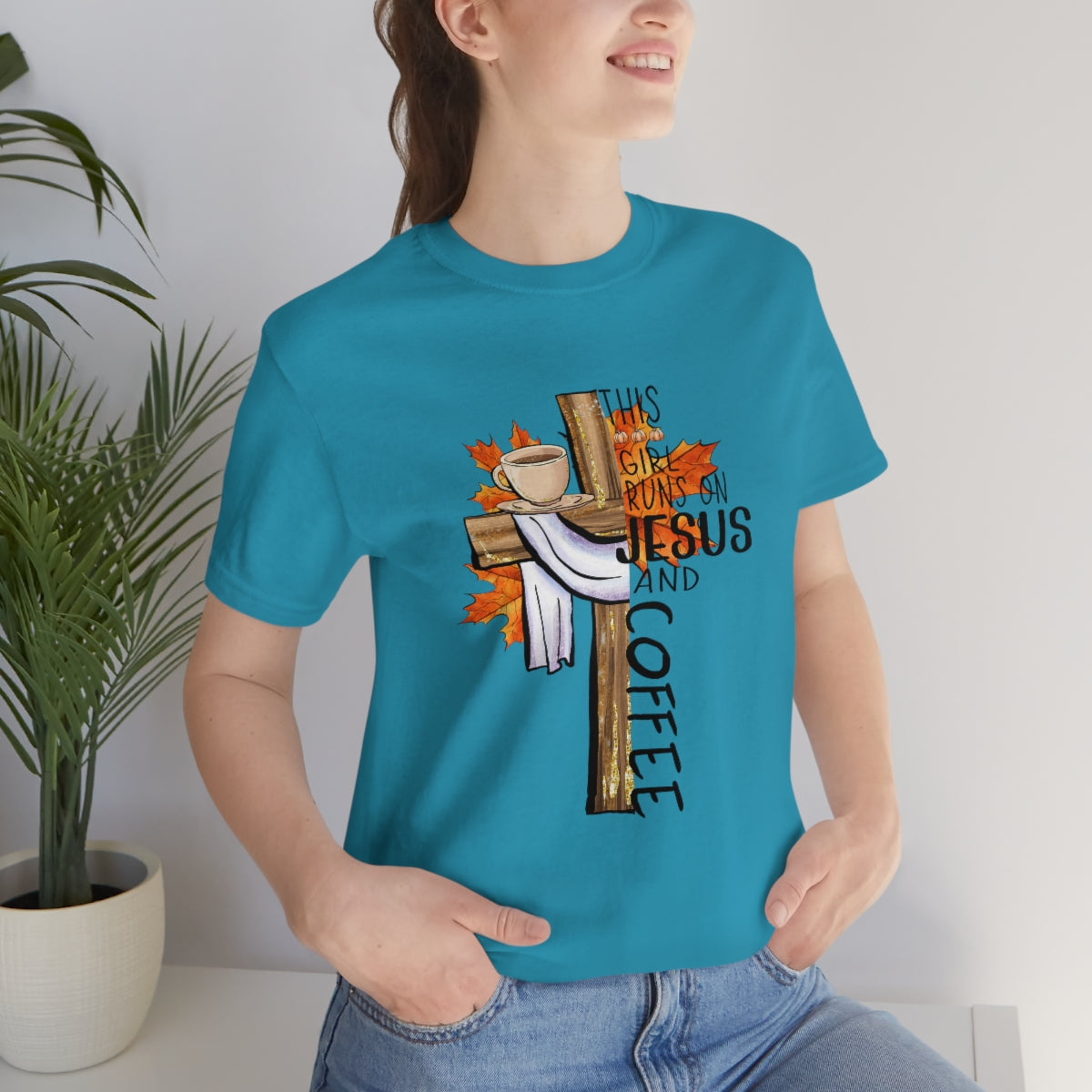 This Girl Runs on Jesus and Coffee Fall Unisex Jersey Short Sleeve Tee S-3XL