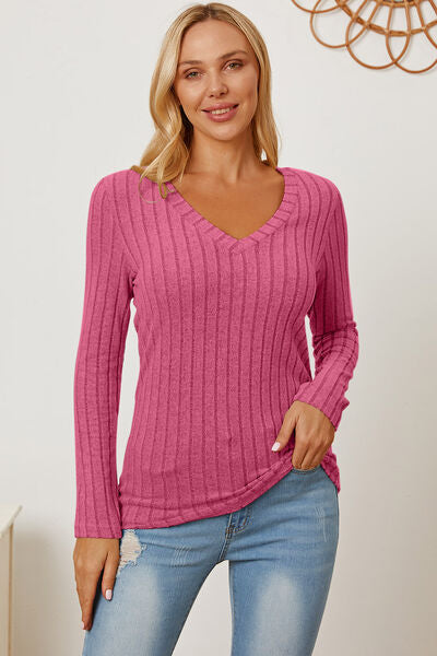 Basic Bae Stretchy Ribbed V-Neck Long Sleeve Casual Top S-3XL