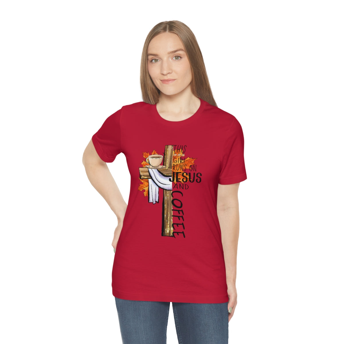 This Girl Runs on Jesus and Coffee Fall Unisex Jersey Short Sleeve Tee S-3XL