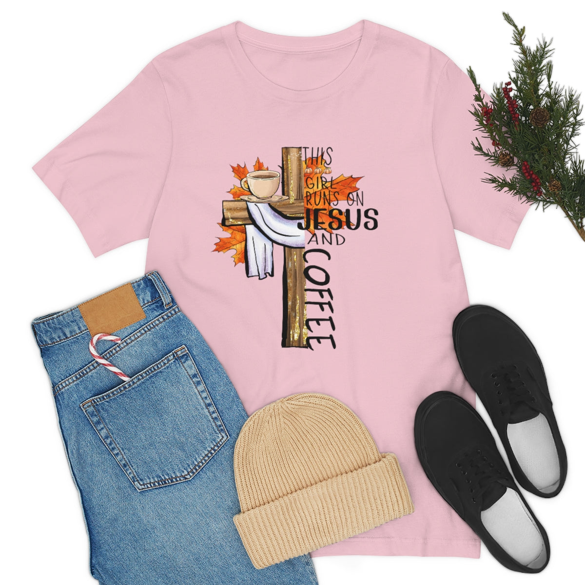 This Girl Runs on Jesus and Coffee Fall Unisex Jersey Short Sleeve Tee S-3XL