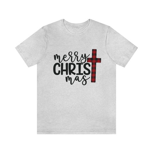 Merry Christmas with Buffalo Plaid Cross Short Sleeve Tee S-3XL