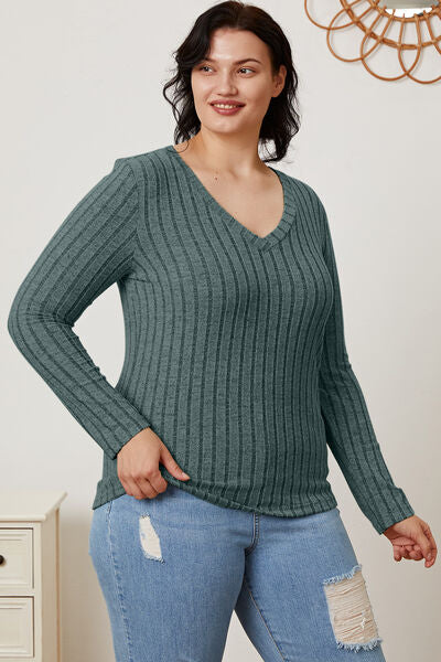 Basic Bae Stretchy Ribbed V-Neck Long Sleeve Casual Top S-3XL