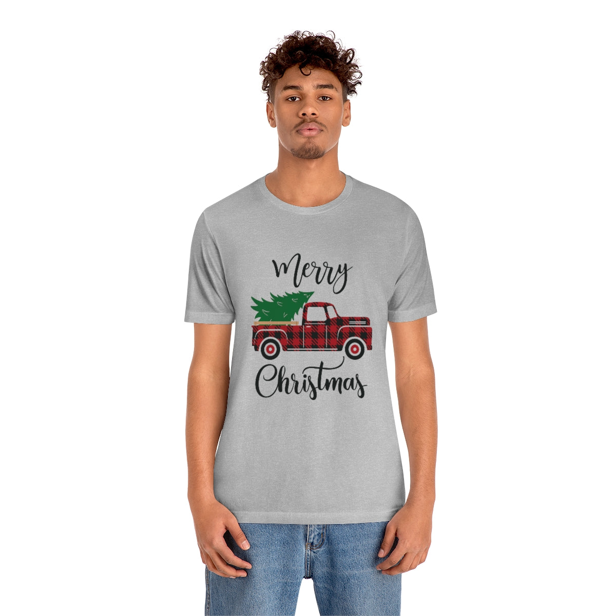 Merry Christmas Red Pickup with Tree Unisex Jersey Short Sleeve Tee S-3XL