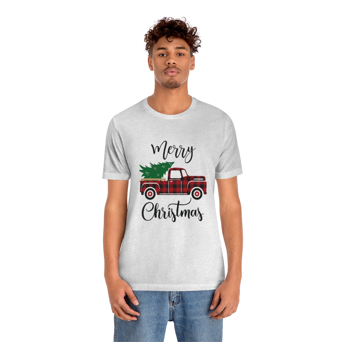 Merry Christmas Red Pickup with Tree Unisex Jersey Short Sleeve Tee S-3XL