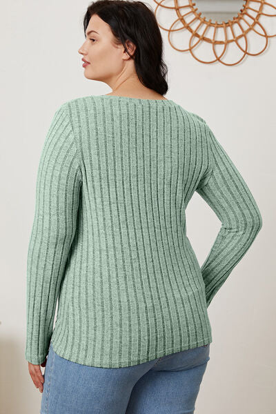 Basic Bae Stretchy Ribbed V-Neck Long Sleeve Casual Top S-3XL