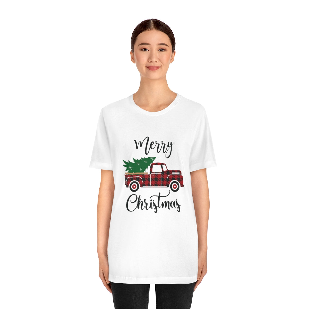 Merry Christmas Red Pickup with Tree Unisex Jersey Short Sleeve Tee S-3XL