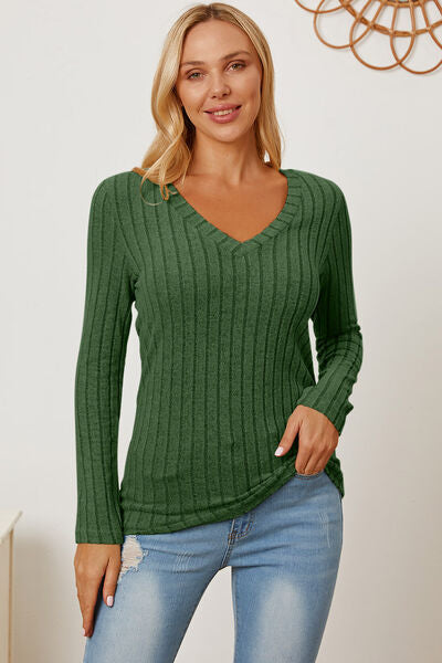 Basic Bae Stretchy Ribbed V-Neck Long Sleeve Casual Top S-3XL