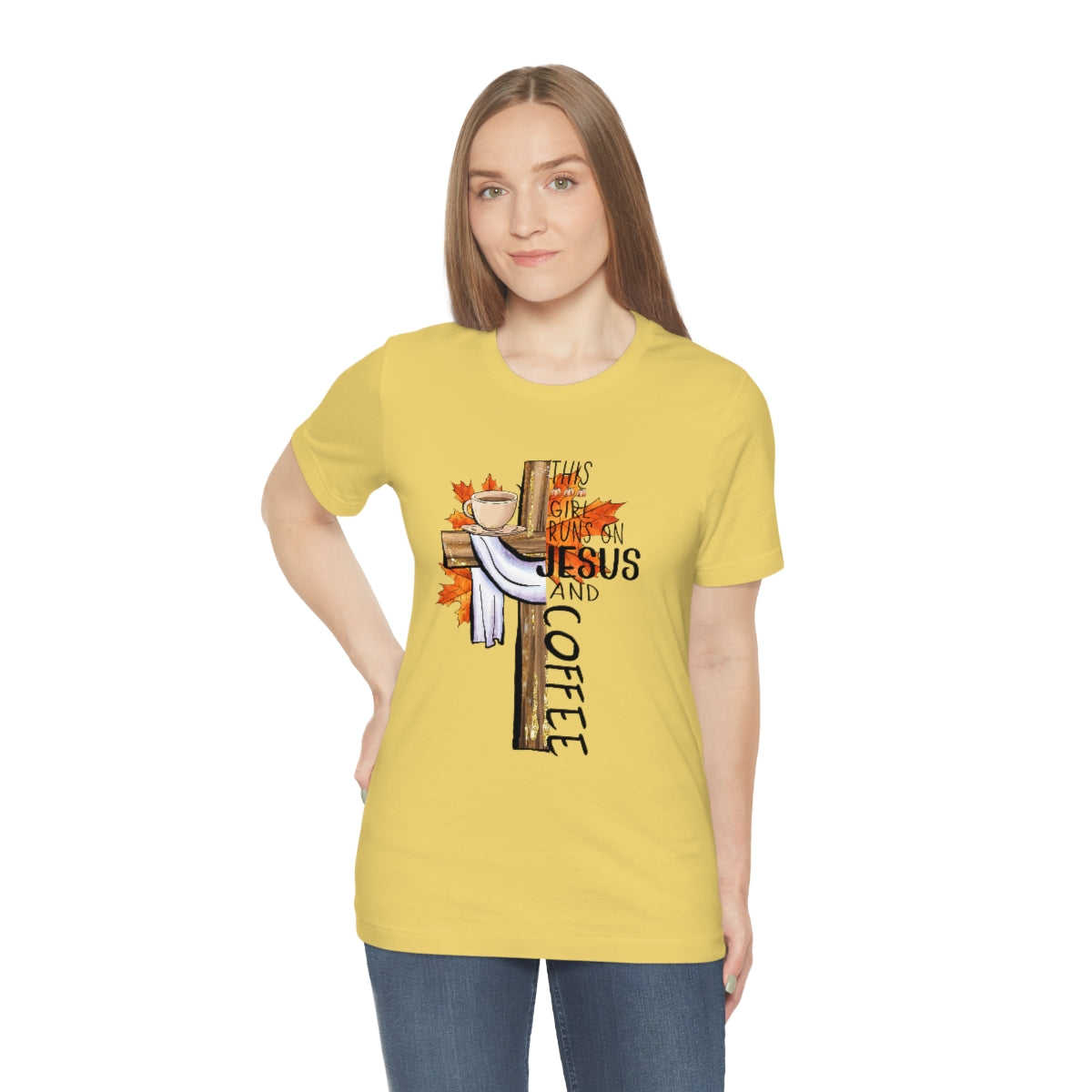 This Girl Runs on Jesus and Coffee Fall Unisex Jersey Short Sleeve Tee S-3XL