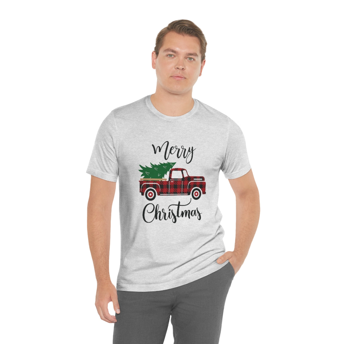 Merry Christmas Red Pickup with Tree Unisex Jersey Short Sleeve Tee S-3XL