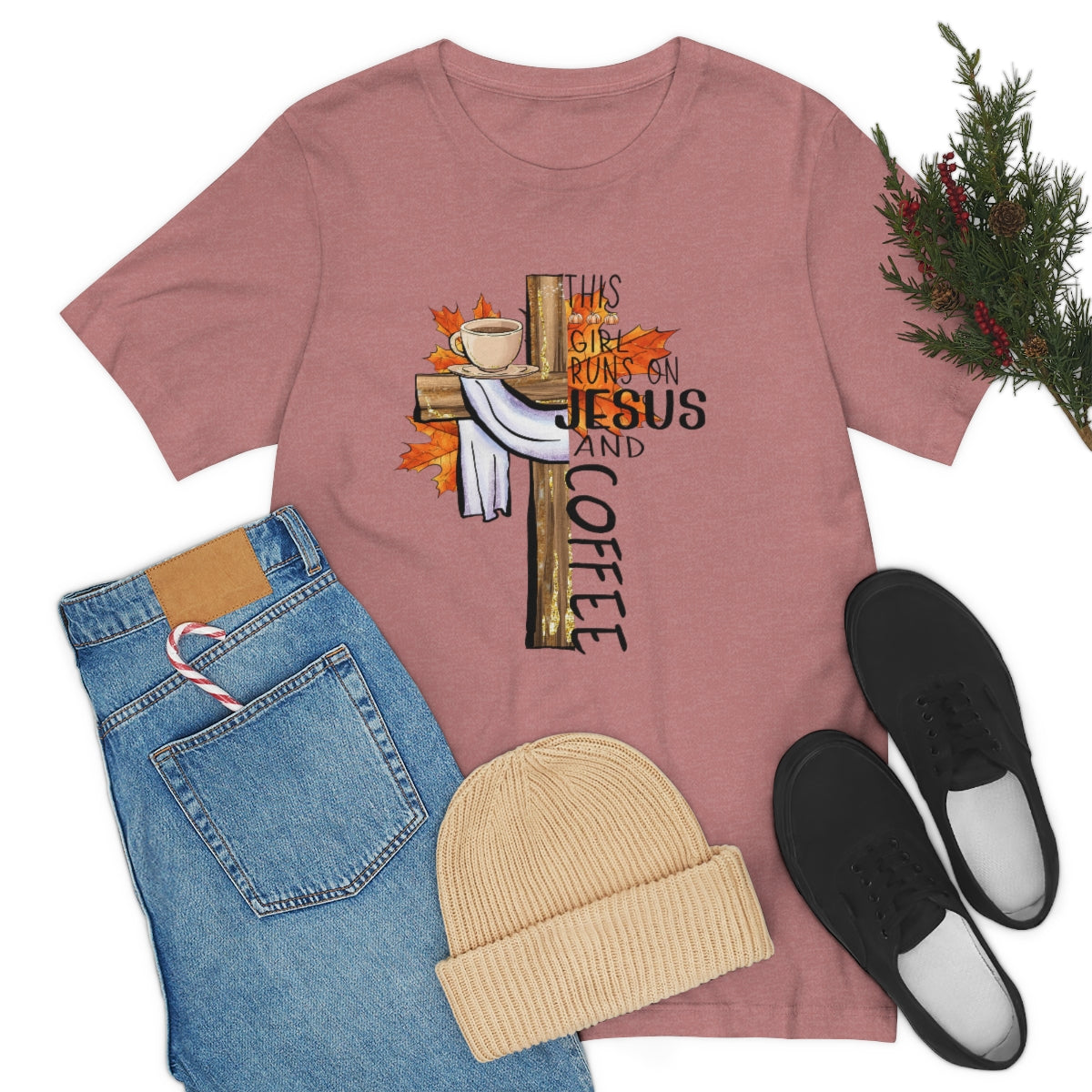 This Girl Runs on Jesus and Coffee Fall Unisex Jersey Short Sleeve Tee S-3XL