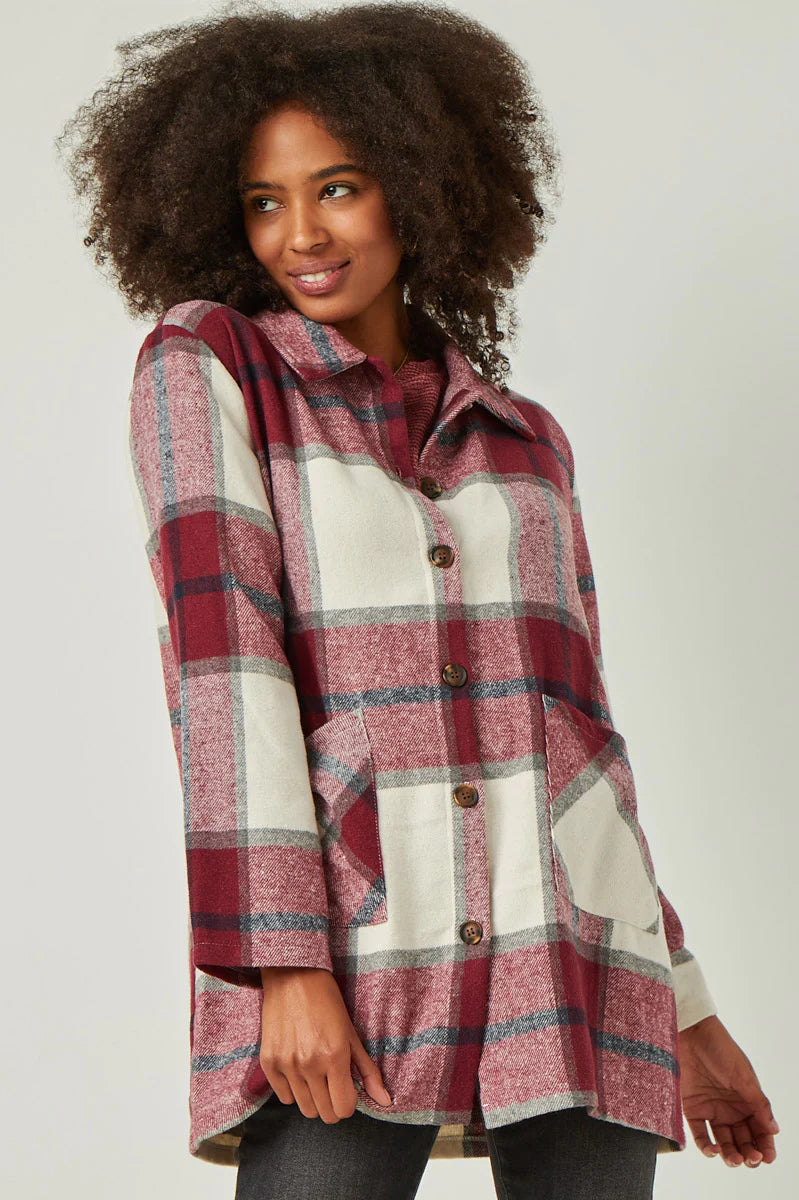 Mandy Misses Burgundy Plaid Shacket with Front Pockets S-L