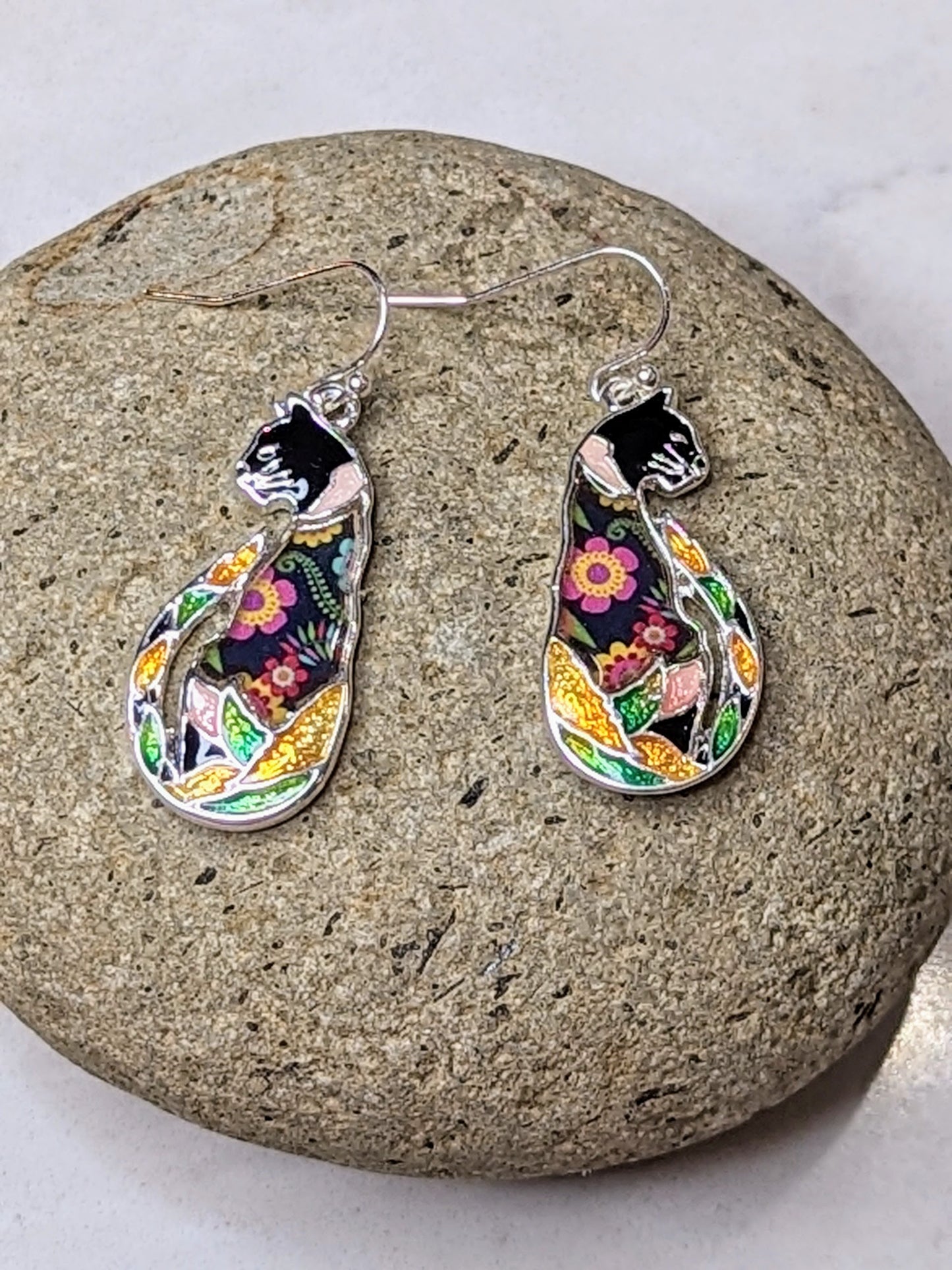 Floral Mixed Media Black Cat Sitting Tall Post Drop Earrings