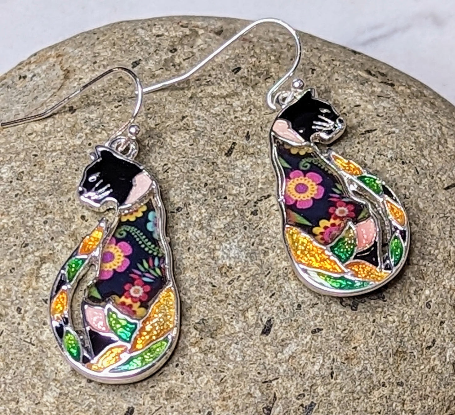 Floral Mixed Media Black Cat Sitting Tall Post Drop Earrings