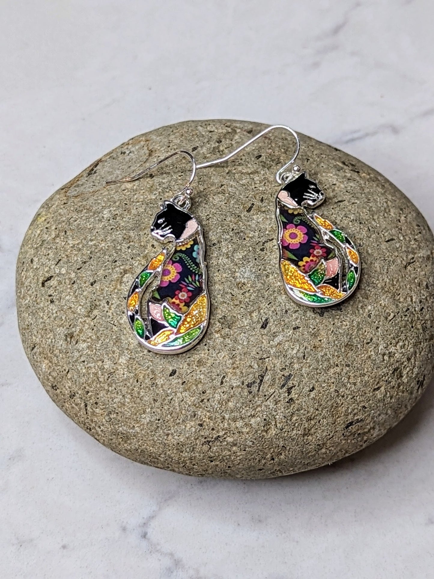 Floral Mixed Media Black Cat Sitting Tall Post Drop Earrings