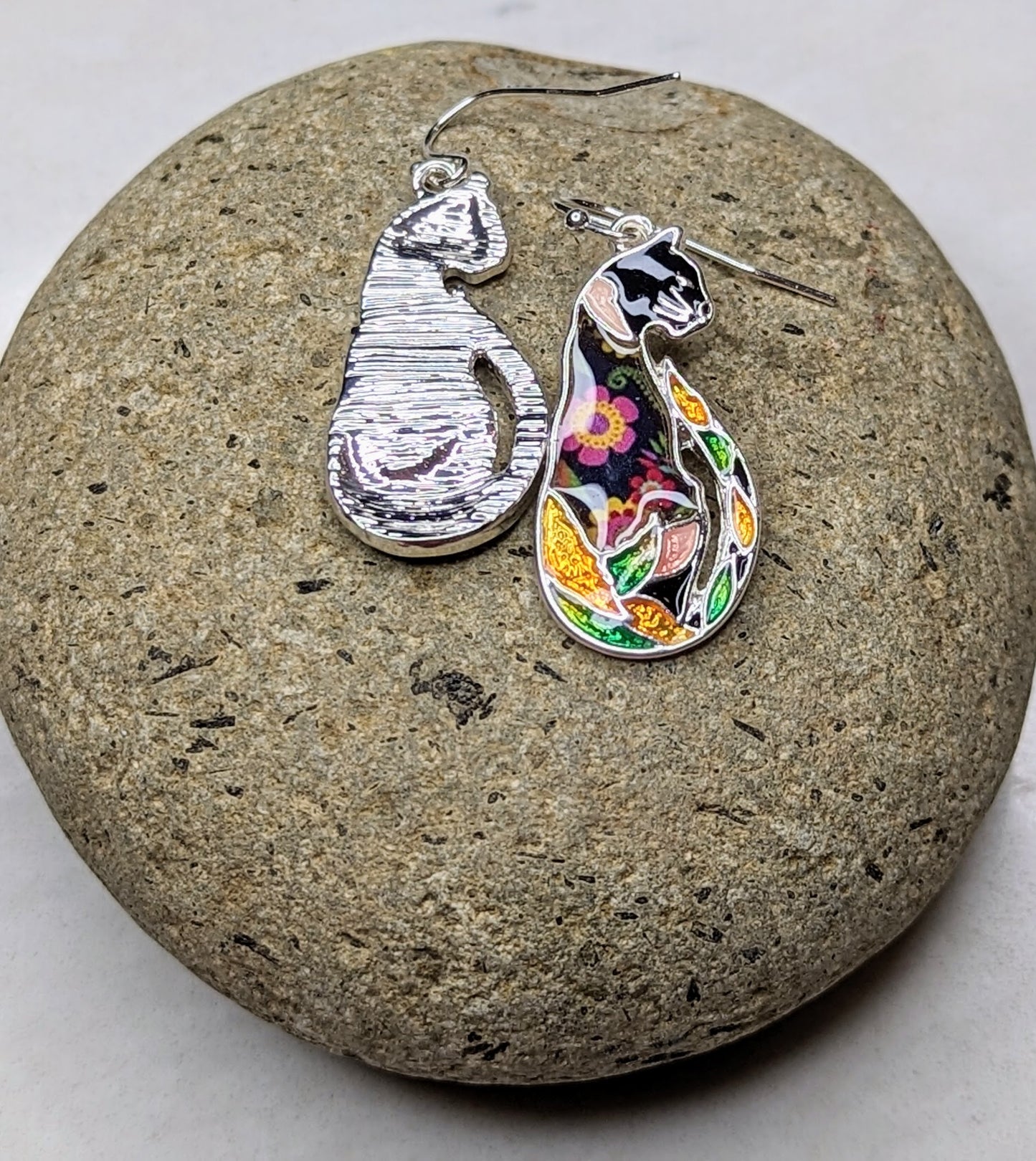 Floral Mixed Media Black Cat Sitting Tall Post Drop Earrings