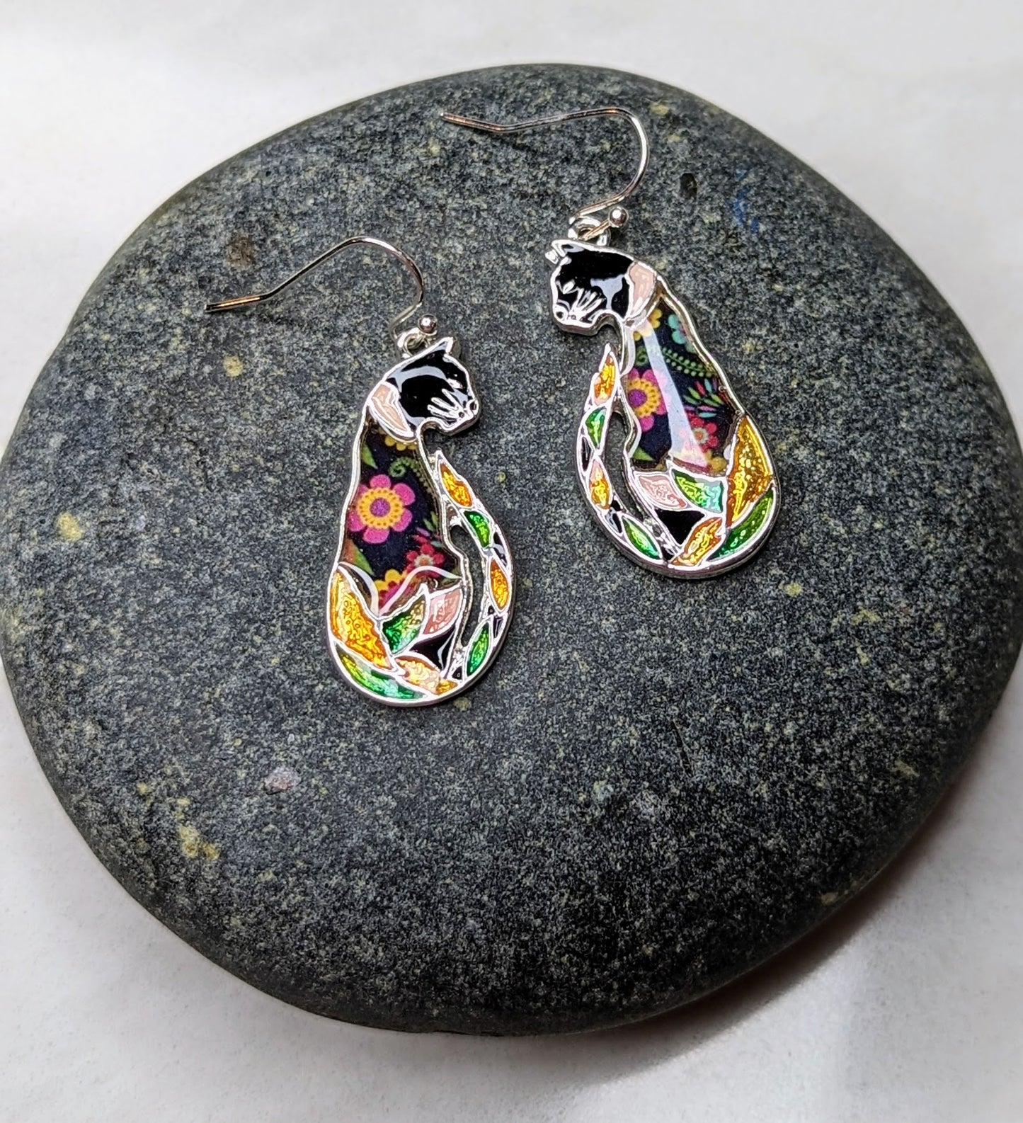 Floral Mixed Media Black Cat Sitting Tall Post Drop Earrings