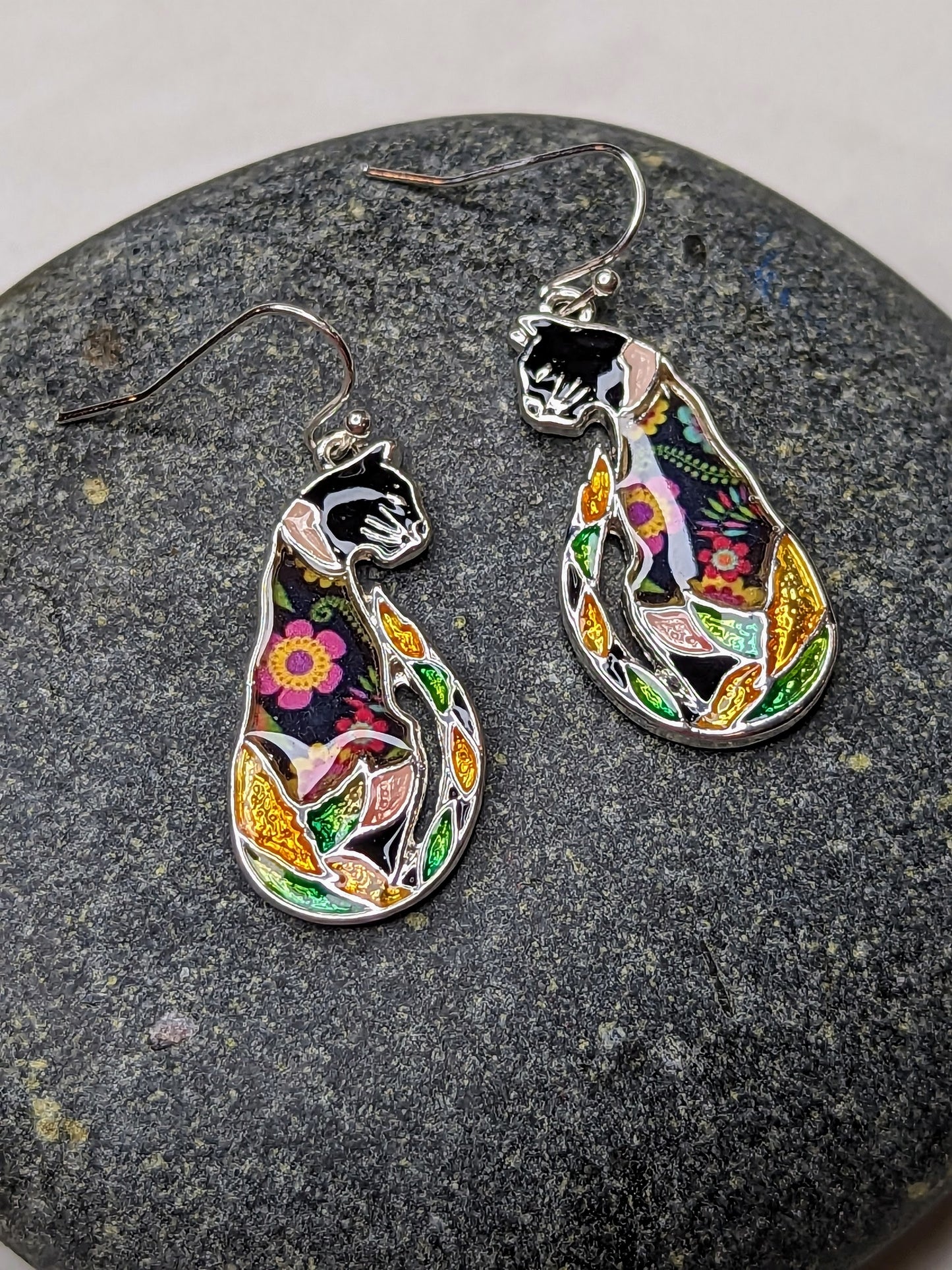 Floral Mixed Media Black Cat Sitting Tall Post Drop Earrings