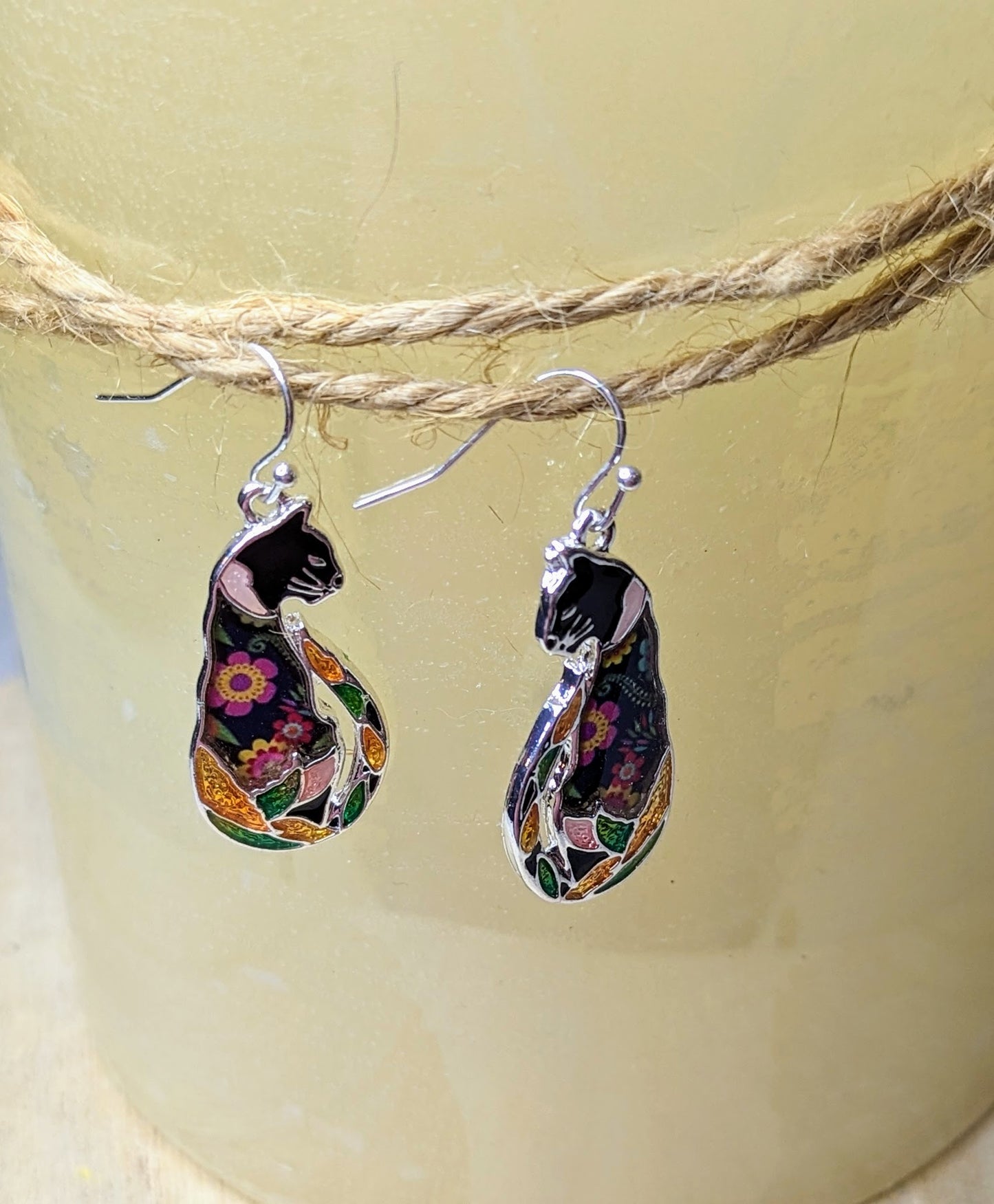 Floral Mixed Media Black Cat Sitting Tall Post Drop Earrings