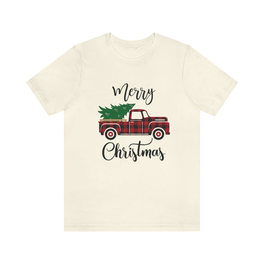 Merry Christmas Red Pickup with Tree Unisex Jersey Short Sleeve Tee S-3XL