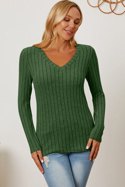 Basic Bae Stretchy Ribbed V-Neck Long Sleeve Casual Top S-3XL