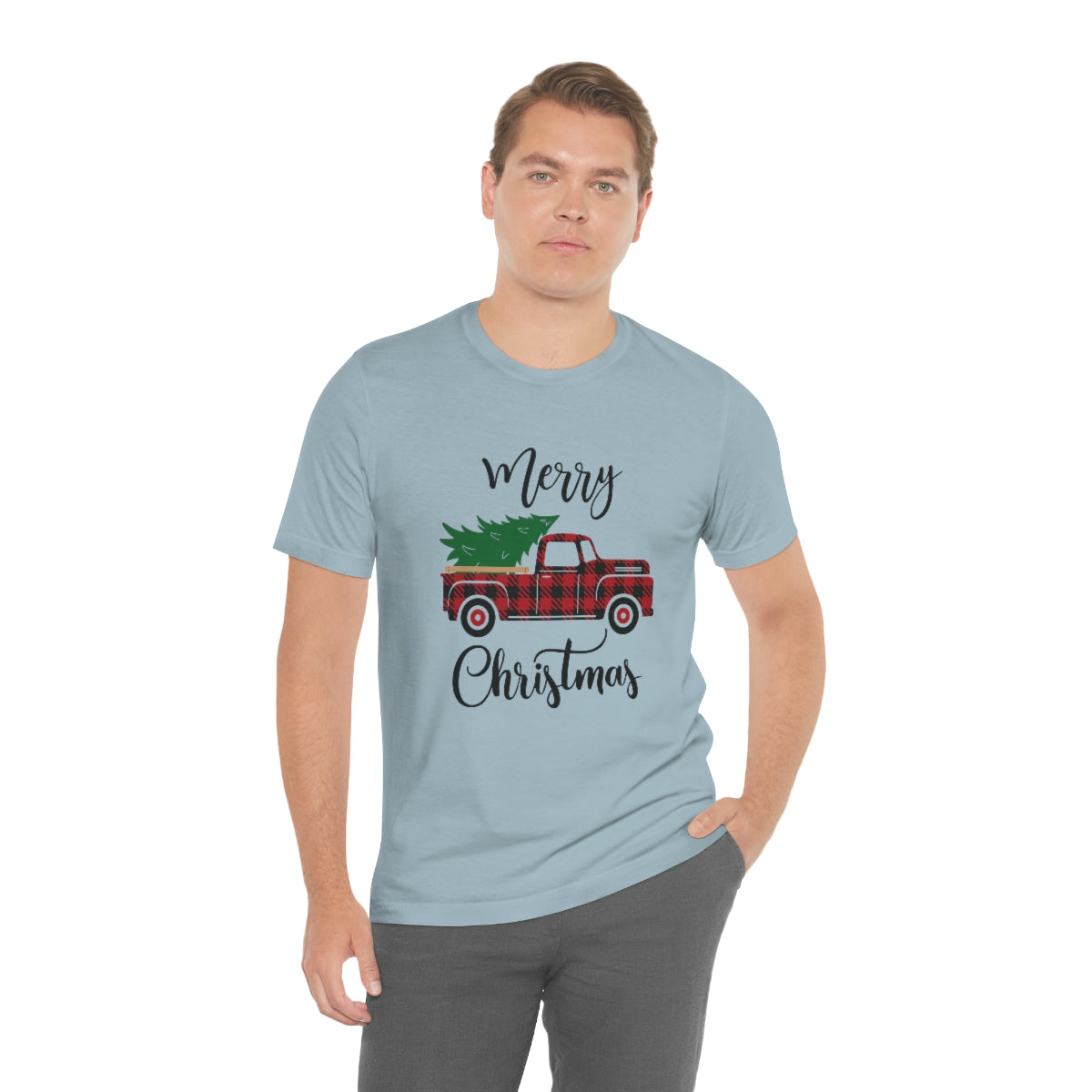 Merry Christmas Red Pickup with Tree Unisex Jersey Short Sleeve Tee S-3XL