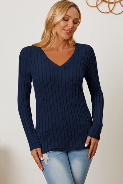 Basic Bae Stretchy Ribbed V-Neck Long Sleeve Casual Top S-3XL