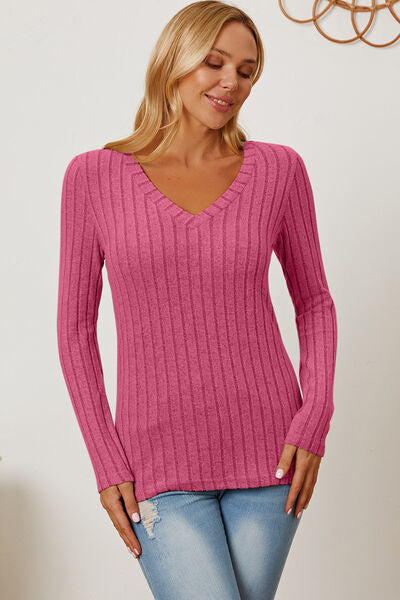 Basic Bae Stretchy Ribbed V-Neck Long Sleeve Casual Top S-3XL