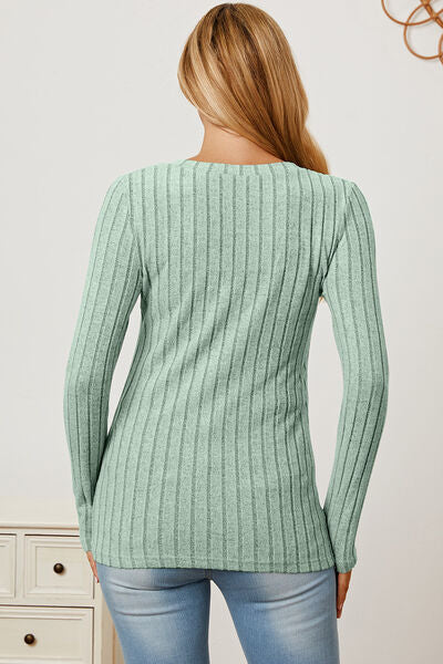 Basic Bae Stretchy Ribbed V-Neck Long Sleeve Casual Top S-3XL