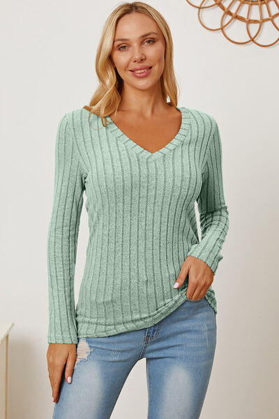 Basic Bae Stretchy Ribbed V-Neck Long Sleeve Casual Top S-3XL