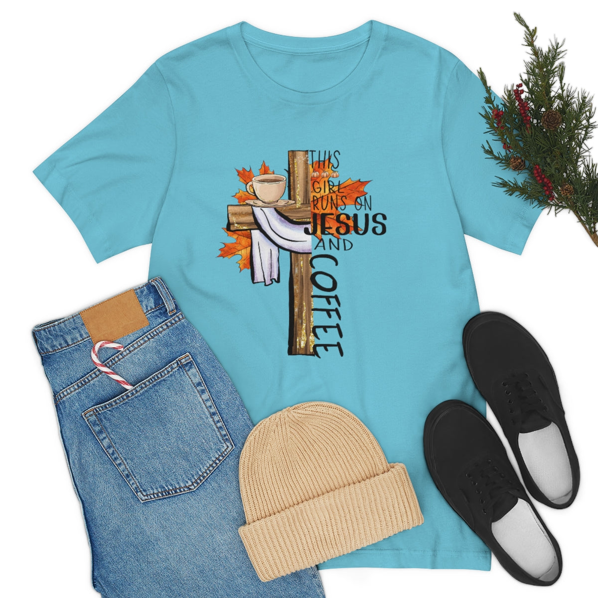 This Girl Runs on Jesus and Coffee Fall Unisex Jersey Short Sleeve Tee S-3XL