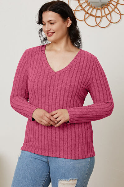 Basic Bae Stretchy Ribbed V-Neck Long Sleeve Casual Top S-3XL