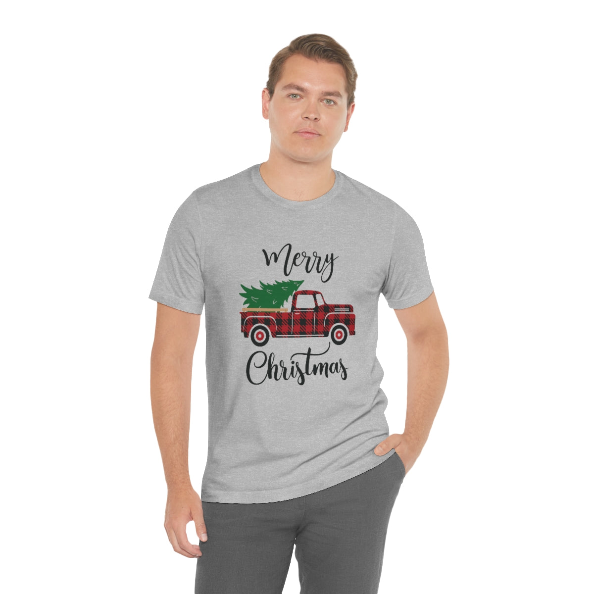 Merry Christmas Red Pickup with Tree Unisex Jersey Short Sleeve Tee S-3XL