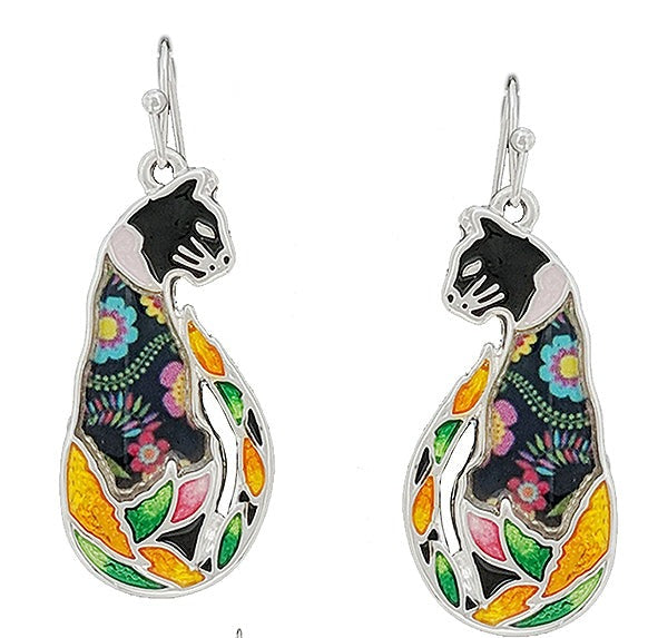 Floral Mixed Media Black Cat Sitting Tall Post Drop Earrings