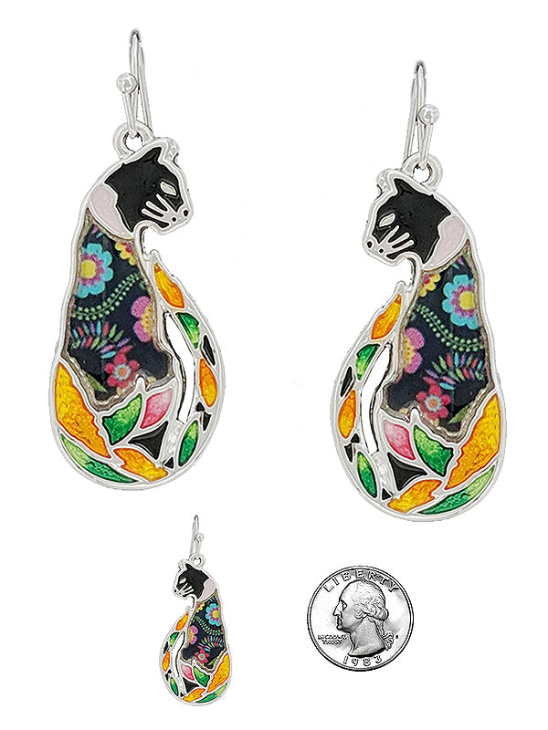 Floral Mixed Media Black Cat Sitting Tall Post Drop Earrings